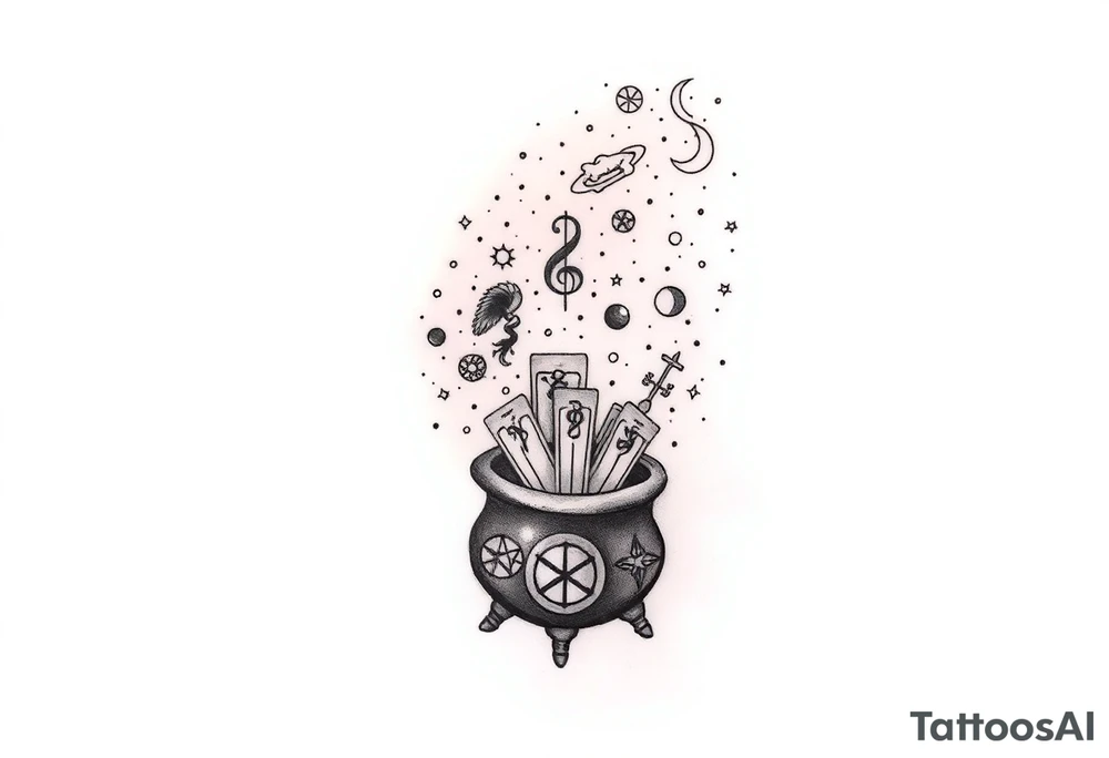 Milky way galaxy filled with zodiac symbols runes tarot cards coming out of a cauldron tattoo idea