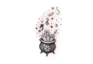 Milky way galaxy filled with zodiac symbols runes tarot cards coming out of a cauldron tattoo idea