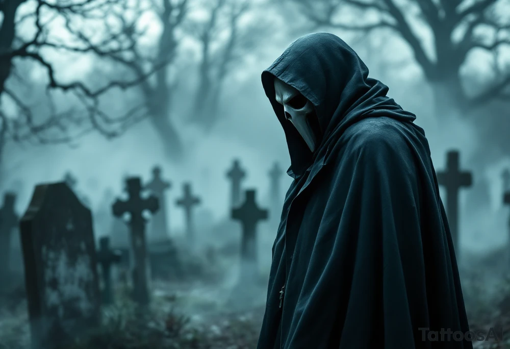 Plague Doctor in a Cemetery – A melancholic scene, with a doctor standing near fog-covered gravestones. The cloak is draped over one shoulder, and the mask is slightly tilted downward, giving a sorrowful, contemplative look. tattoo idea
