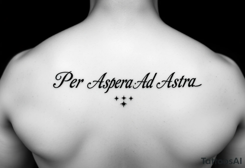 The phrase "Per Aspera Ad Astra" above the knee using Paragone Fancy Aesthetic Serif font. Also add a couple small minor stars at the end of the phrase tattoo idea