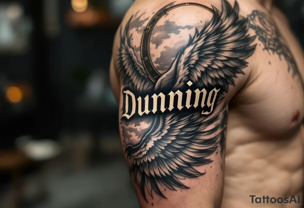 “Dunning” on left arm,details include bold strong font, faint gold highlights, theme of wealth,angel wing tattoo idea