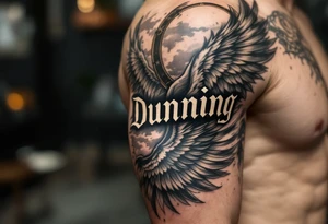 “Dunning” on left arm,details include bold strong font, faint gold highlights, theme of wealth,angel wing tattoo idea