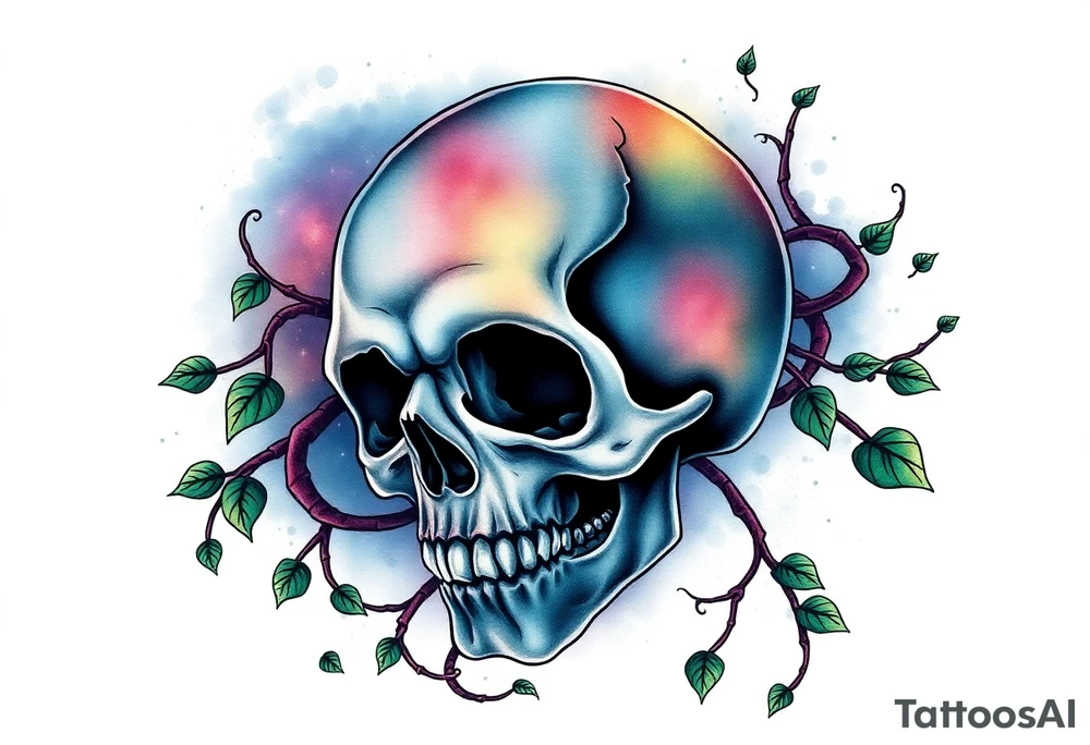 gothic skull as a planet and intertwined with climbing  vines and galaxy in background of skull tattoo idea