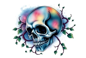 gothic skull as a planet and intertwined with climbing  vines and galaxy in background of skull tattoo idea