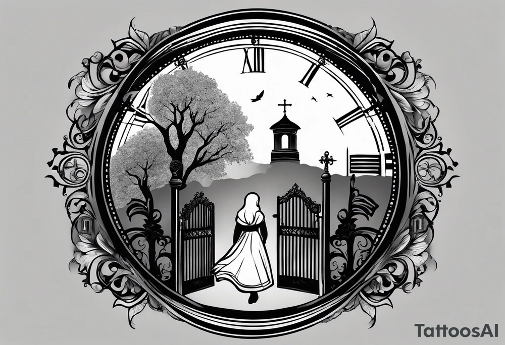 Forearm tattoo:
Mawmaw
07-05-38 / 09-23-24
Grandson and grandma silhouette walking up to the gates of heaven with the gates opened shinning bright with a cross and Doves flying around 
Big Busted clock behind it with the time of her death 7:00pm tattoo idea