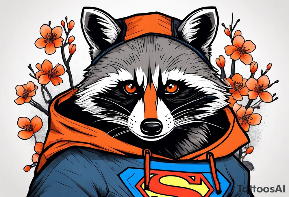 raccoon wearing a black and white Superman hoodie and orange Japanese cherry blossoms tattoo idea