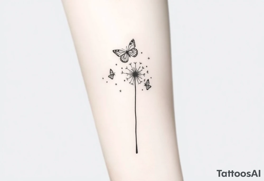 a dandelion and two (2) minimalistic butterflies flying around it. The path of the butterflies is shown tattoo idea