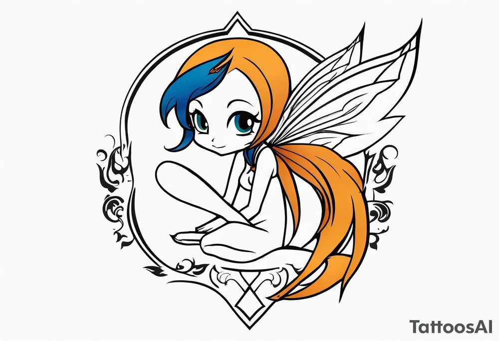 A fairy with a tail inspired by the logo of the show called Fairy Tail in a fetal position leaning in tattoo idea
