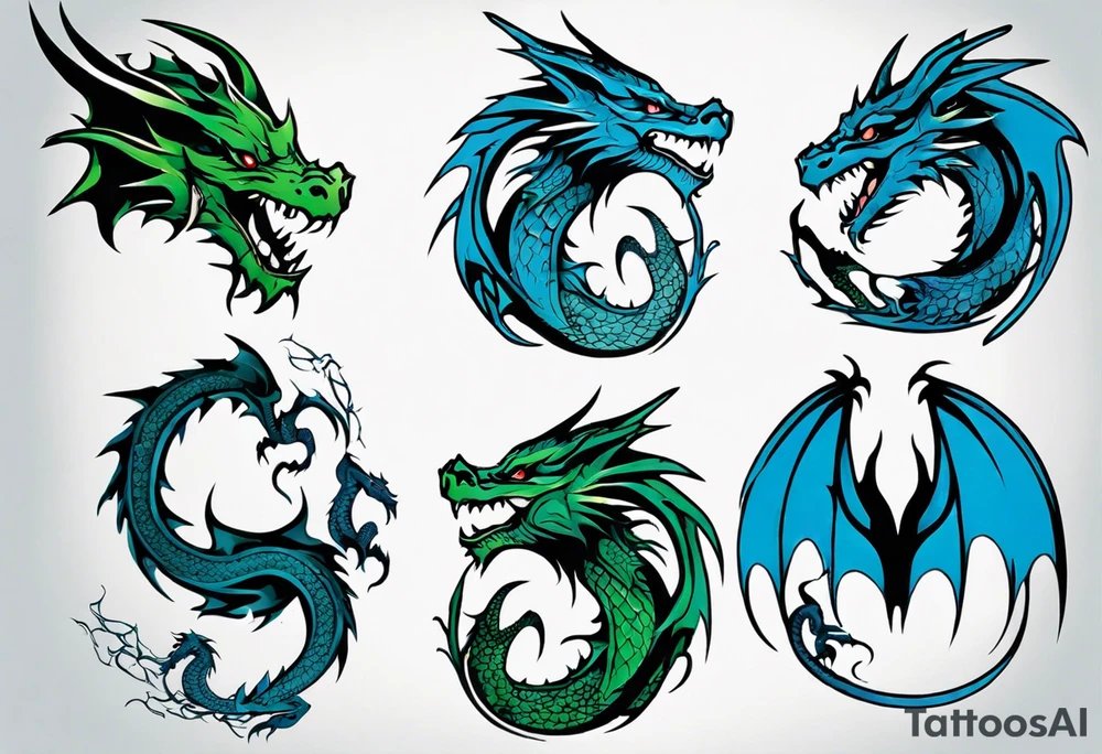 2 dragons one green and other blue tattoo idea