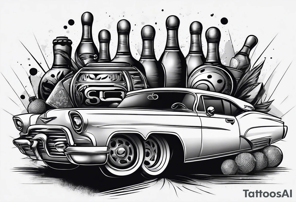 Bowling theme with car parts tattoo idea