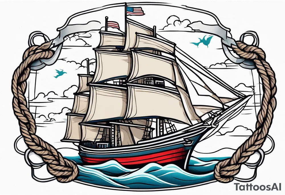 american traditional ship. rope border tattoo idea