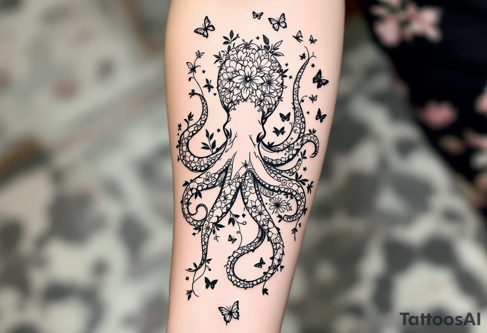 A fine-line tattoo design of a single octopus made entirely of flowers and butterflies. The octopus’s tentacles are shaped like flowing floral vines with leaves and petals, and its body is composed of overlapping blossoms and butterfly wings. Incorporate sacred geometry. The style is minimalist, elegant, and nature-inspired, with delicate black and grey lines, soft shading, and no outlines. No aquatic or marine elements besides the floral octopus. The design flows organically down the upper arm or shoulder, with a light, airy, and poetic feel, sacred, enlightened, divine patterns tattoo idea