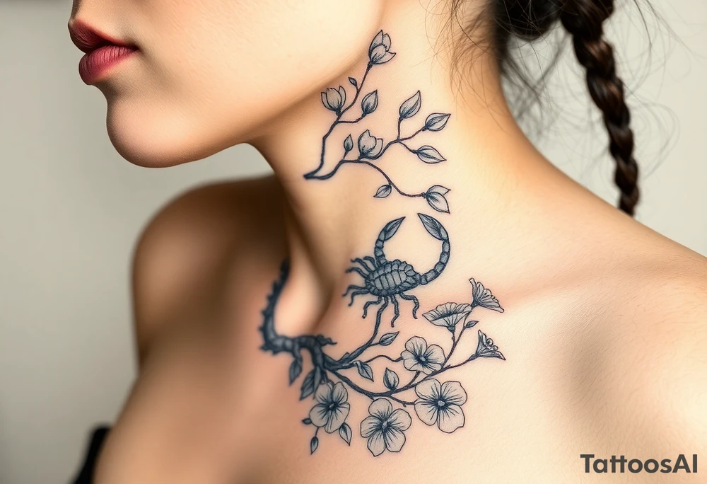 Ethereal ethnic woman forming a blossoming peach tree with a Scorpio on a branch with morning glories & cosmo flowers underneath tattoo idea