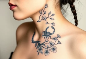 Ethereal ethnic woman forming a blossoming peach tree with a Scorpio on a branch with morning glories & cosmo flowers underneath tattoo idea