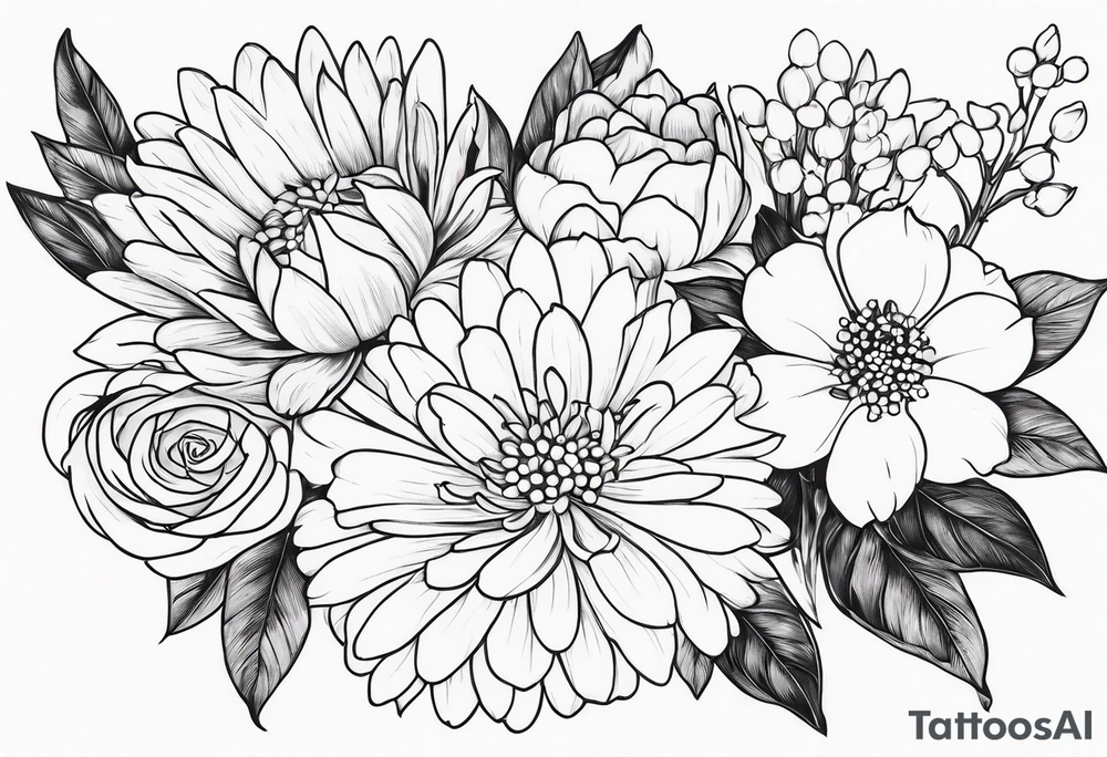 Asters, roses, lily of the valley, and chrysanthemums in a long line tattoo idea
