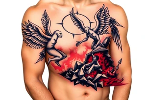 Heaven’s angels fighting hells demons. Angels flying and demons climbing up out of hell tattoo idea