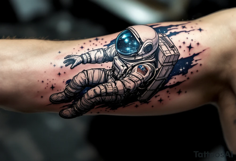 A hyper-detailed astronaut floating on the arm, reflecting stars in deep navy, metallic silver, and blue light. tattoo idea