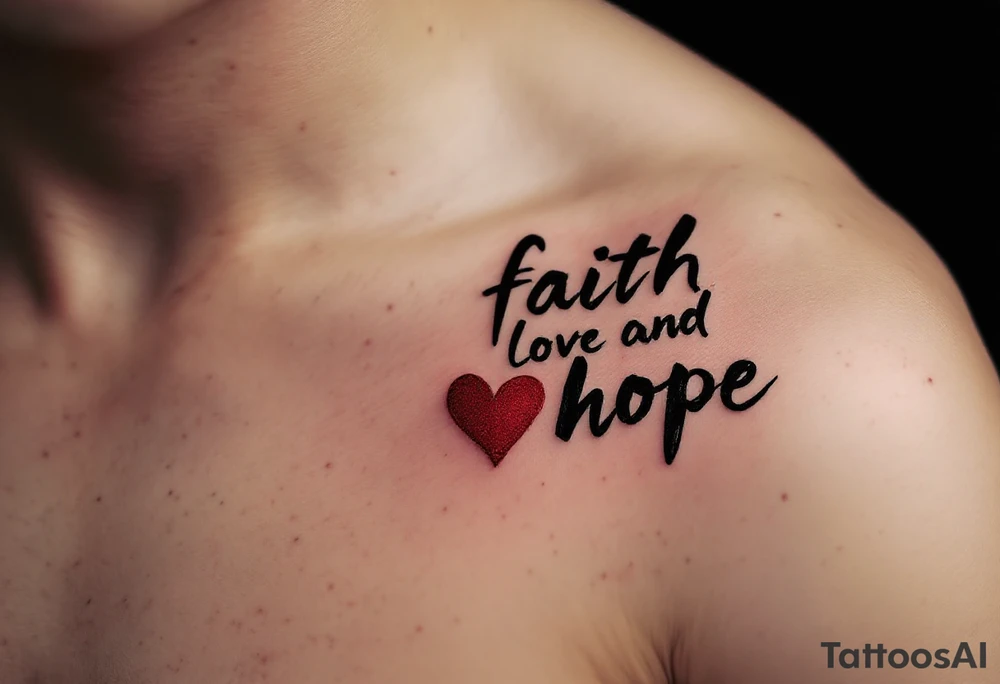 Brushstroke style tattoo in dark ink love faith hope with a crimson heart replacing the letter "o" in "love and hope". tattoo idea
