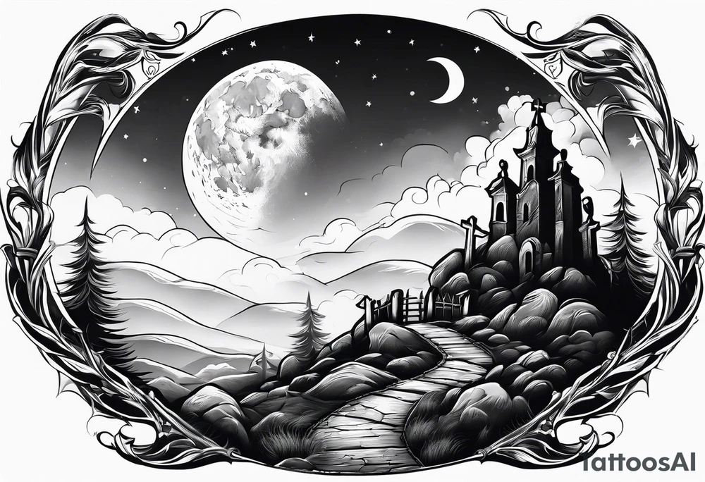 Graveyard with moon and smoke  on hills tattoo idea