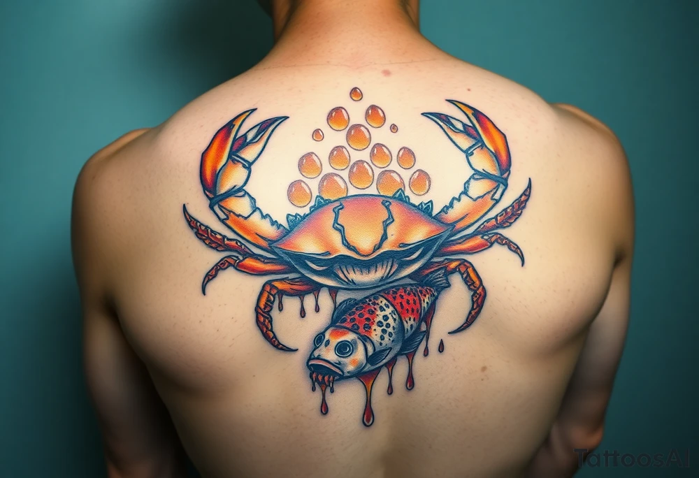 Powerful crab surrounded by dripping honey comb, eating coi fish tattoo idea