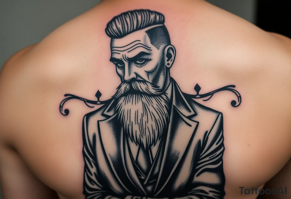 Modern day fortune teller dressed in a suit with a high fade haircut and long beard tattoo idea