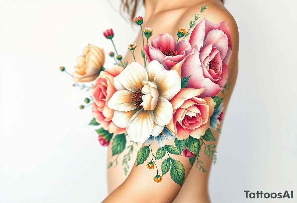 vintage bouquet of wild roses and meadow flowers with morning dew tattoo idea