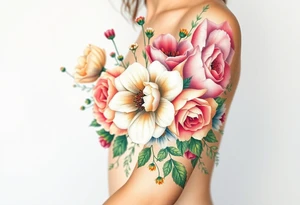 vintage bouquet of wild roses and meadow flowers with morning dew tattoo idea
