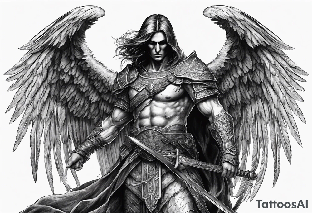 realistic angel of death, man, full body, no face visible, holding one sword, sword pointing downwards, both hands are holding the sword tattoo idea
