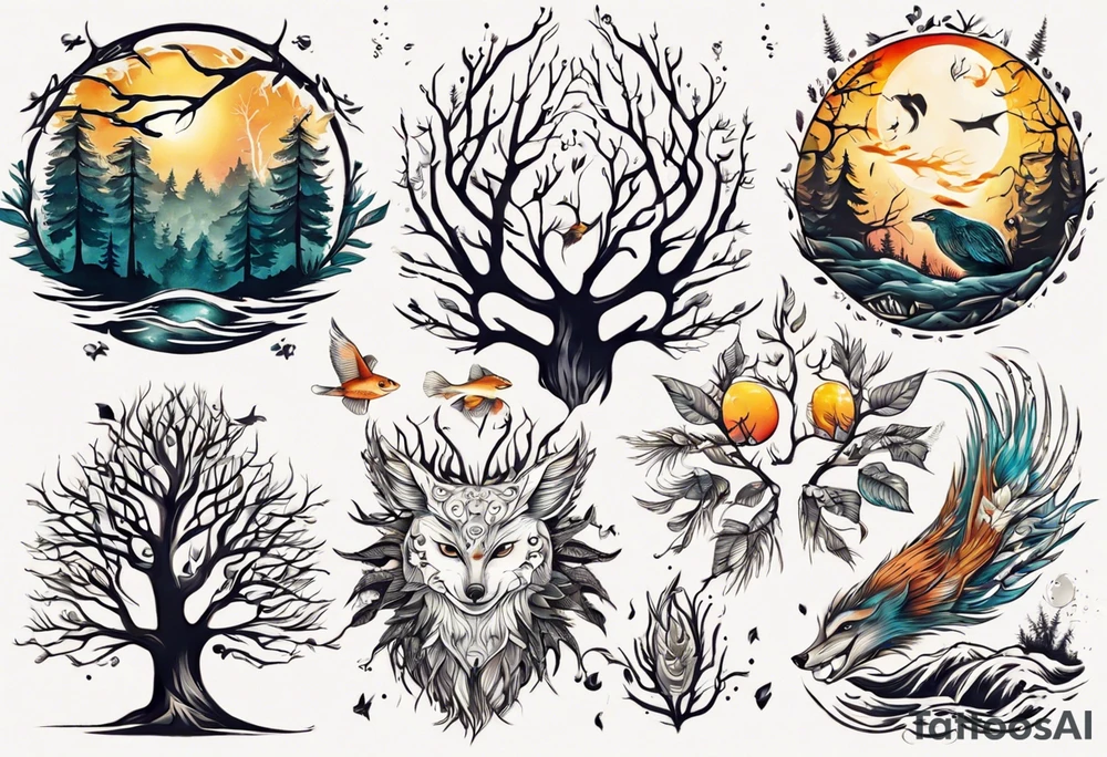 sonne, eule  wald, fuchs 
baum, sapere aude, Wasser, fisch tattoo idea