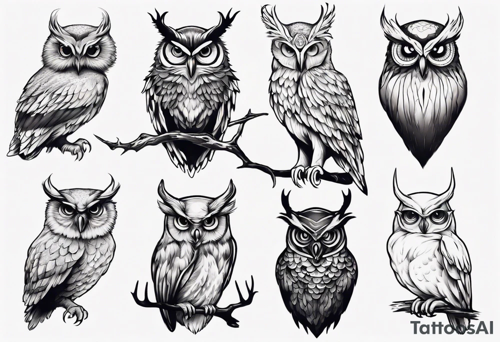 Owl with glistering eyes and antlers sticking out of it's head tattoo idea