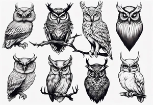 Owl with glistering eyes and antlers sticking out of it's head tattoo idea