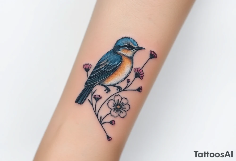 Bluebird with wild flowers tattoo idea