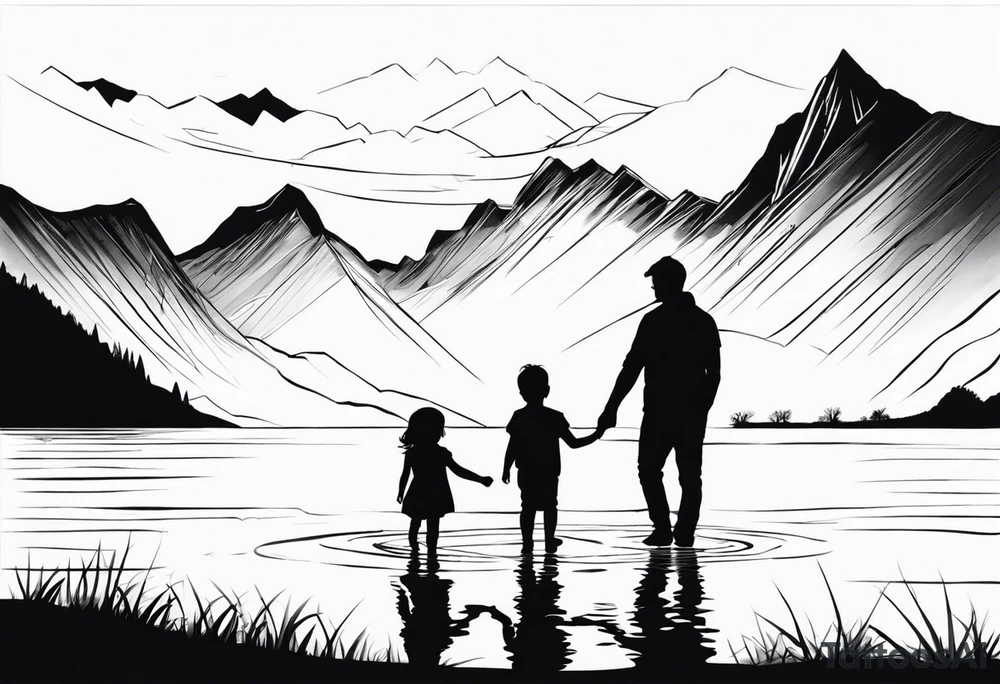 Father in between 6 year old daughter and 2 year old son. Standing in front of water with their reflection in the water behind them with tree and mountains in front of them tattoo idea