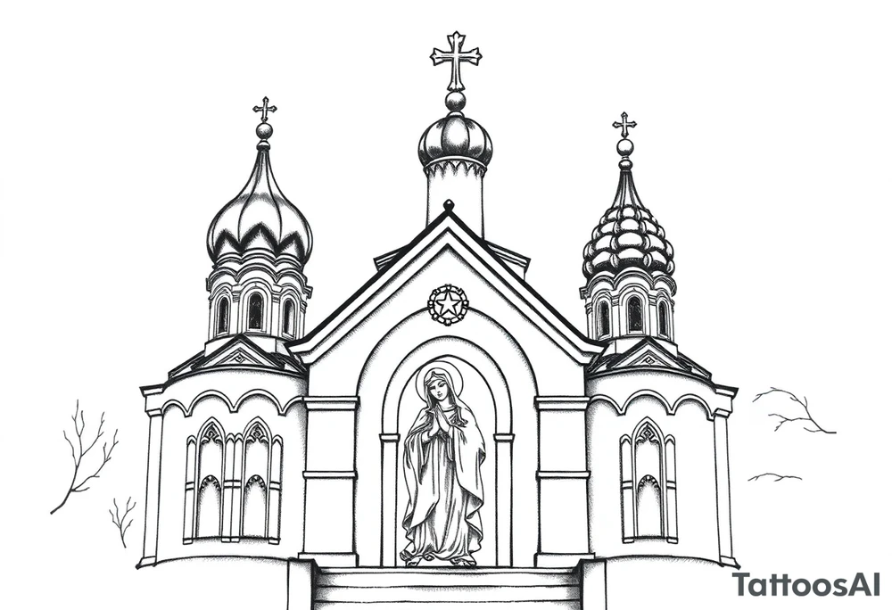 Flowing Scene

A onion domes orthodox church
Virgin Mary in prayer pose on the front doors of the russian orthodox church 
A small double headed russian coat of arms eagle or just the star tucked above the dome near the hairline tattoo idea