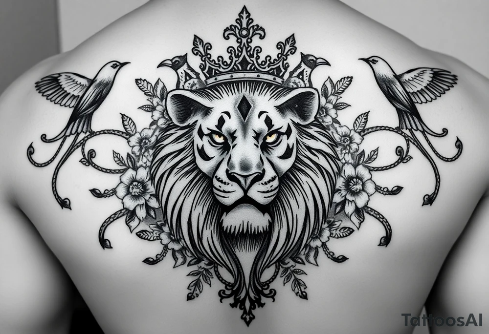 a cross in the baclkround of a powerful majestic lion with a crown surrounded by throrns, floral ornaments and birds tattoo idea