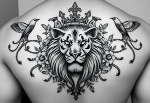 a cross in the baclkround of a powerful majestic lion with a crown surrounded by throrns, floral ornaments and birds tattoo idea