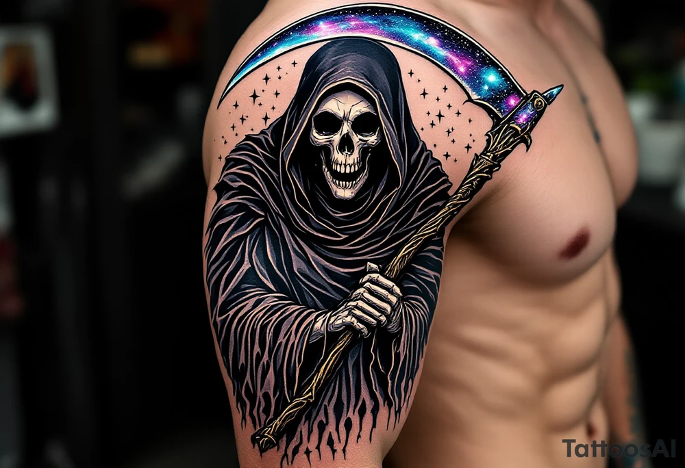A cosmic-themed Grim Reaper holding a scythe with a galaxy blade in deep purples and blues. tattoo idea