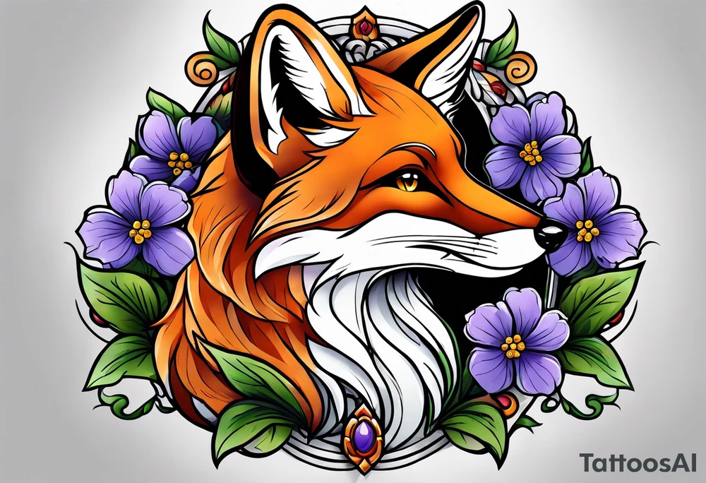 Neo traditional fox with violets tattoo idea