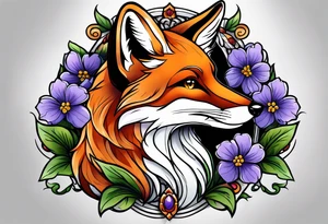 Neo traditional fox with violets tattoo idea
