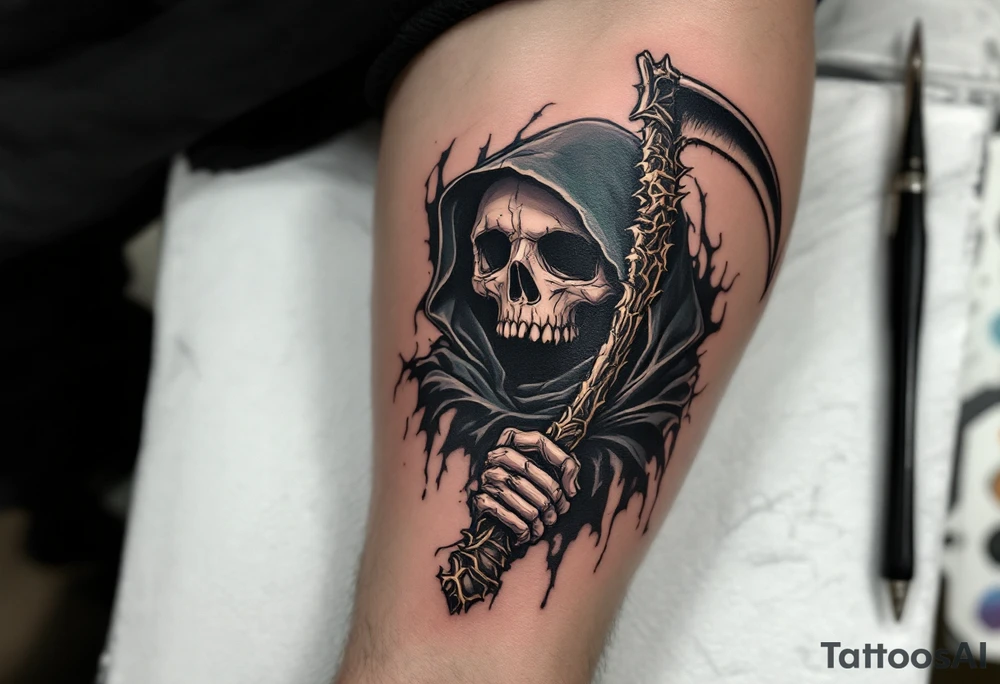 A classic black Reaper with smoky green shadows and a bone-white scythe blade. tattoo idea