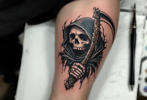 A classic black Reaper with smoky green shadows and a bone-white scythe blade. tattoo idea
