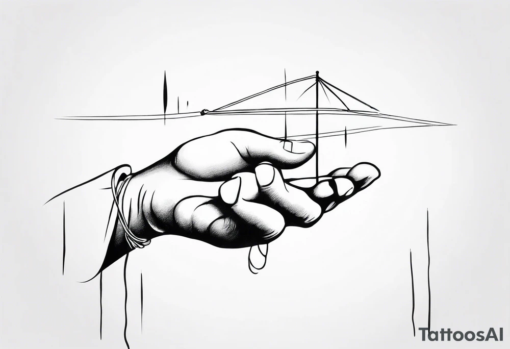 a hand that reaches above a waterline and trys to grab a string, which is handed by another hand tattoo idea