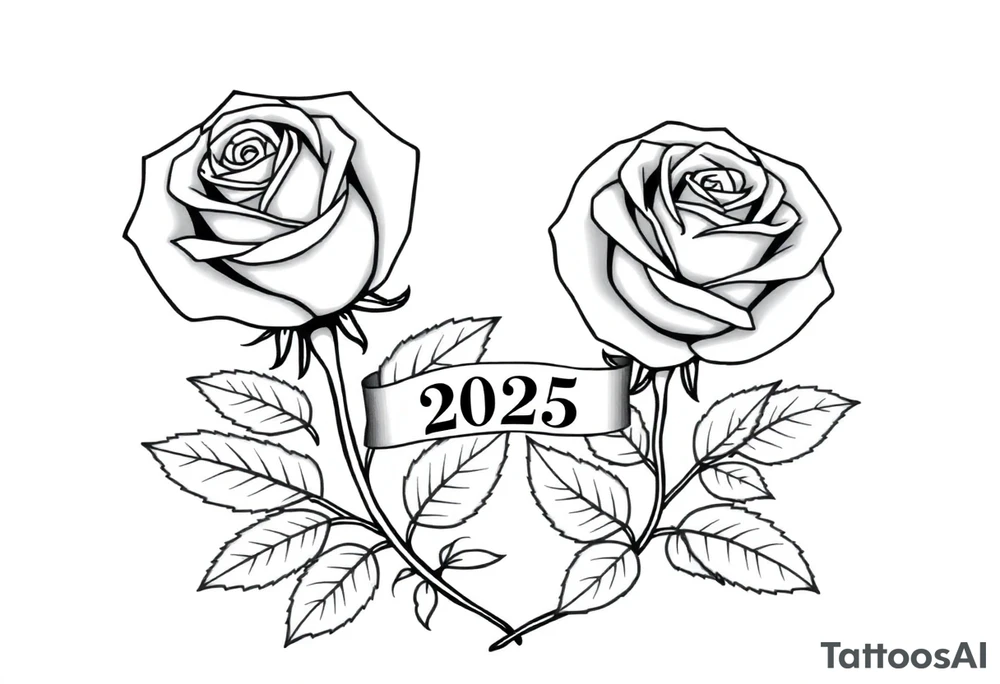 two beautiful large rose buds, one larger than the other, with many leaves next to the rose buds, with one sitting higher than the other. Include a banner connecting the two roses with the year 2025 on it.   Use dark outlines with little shading. The two stems should be short, not long, and connect and join into one stem, whimsically curved or twisted - not straight down. tattoo idea