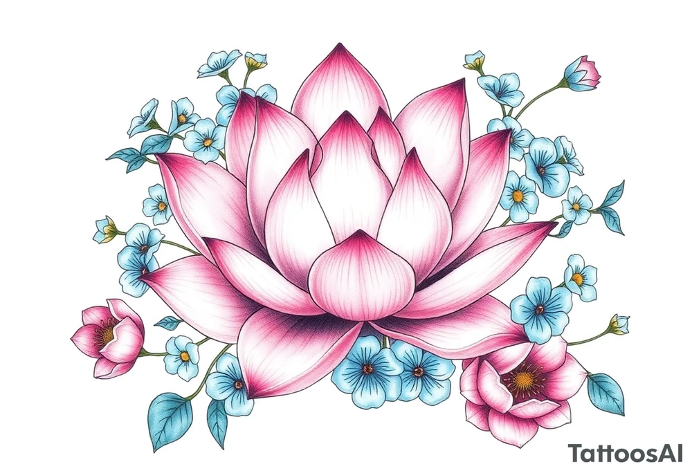 Lotus flower surrounded by forget me nots and peonies tattoo idea