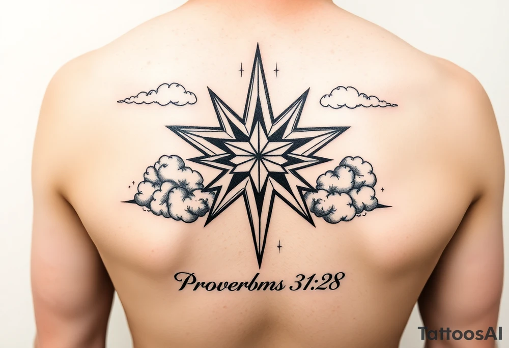 Vadline large print on fore arm hot dog direction hyper realistic star with clouds and subtext underneath is the quote proverbs 31:28 from the bible tattoo idea