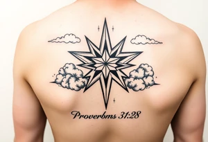 Vadline large print on fore arm hot dog direction hyper realistic star with clouds and subtext underneath is the quote proverbs 31:28 from the bible tattoo idea