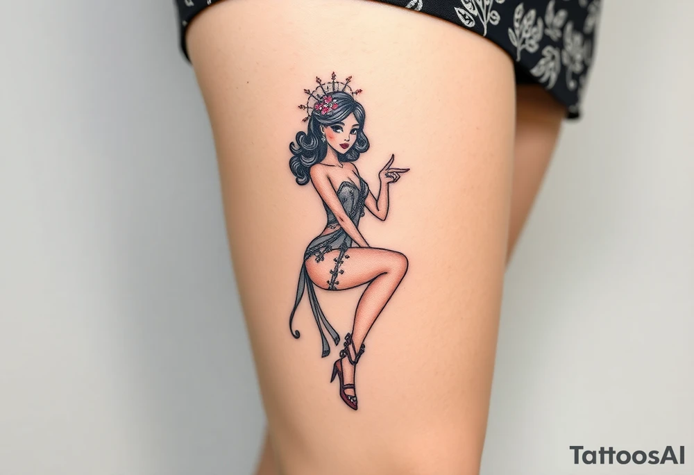 BDSM-themed art deco woman, intricate linework, thigh tattoo. tattoo idea