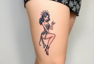 BDSM-themed art deco woman, intricate linework, thigh tattoo. tattoo idea