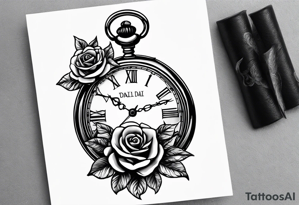 Pocket watch with chain and roses tattoo idea