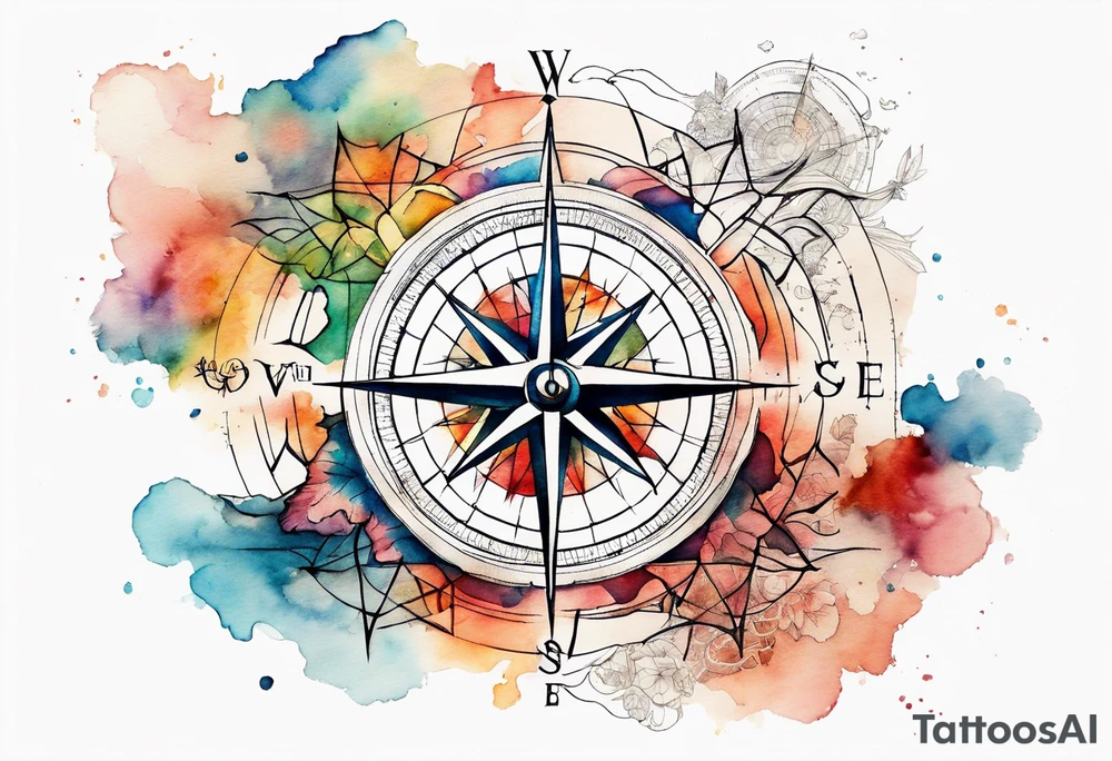 Travel themed for thigh, compass rose overlaid with a map spilled watercolor tattoo idea